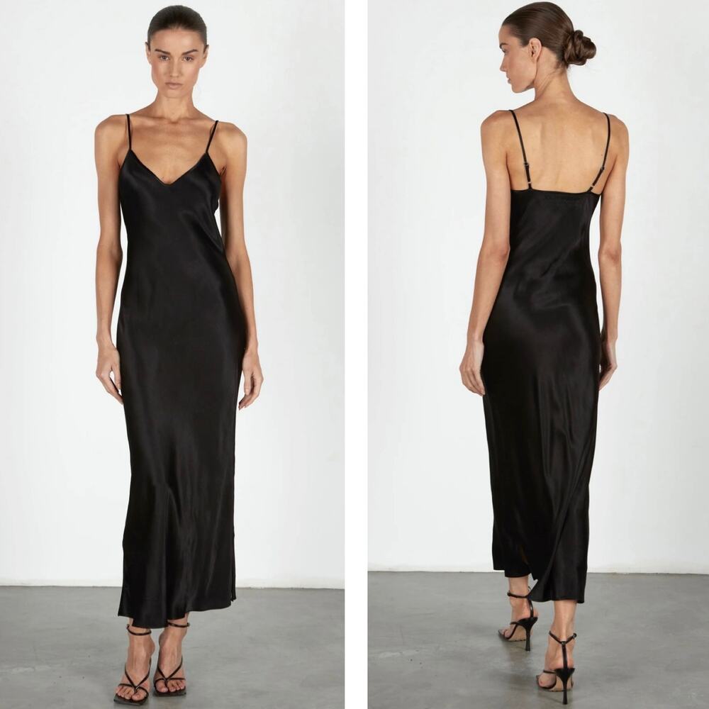 ENZA COSTA Satin Bias Slip Dress Womens XL Black Maxi V-neck Spaghetti Strap